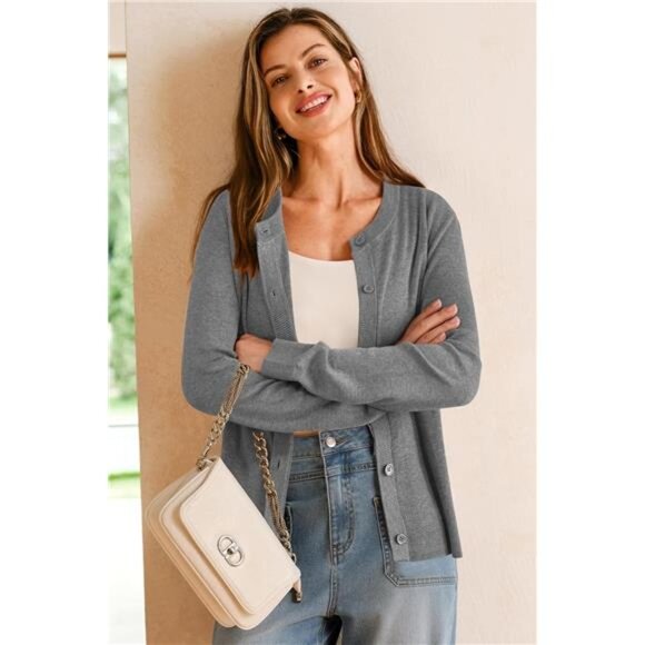 Women's Wool Blended Cardigan Sweaters Lightweight Grey - Picture 3 of 6